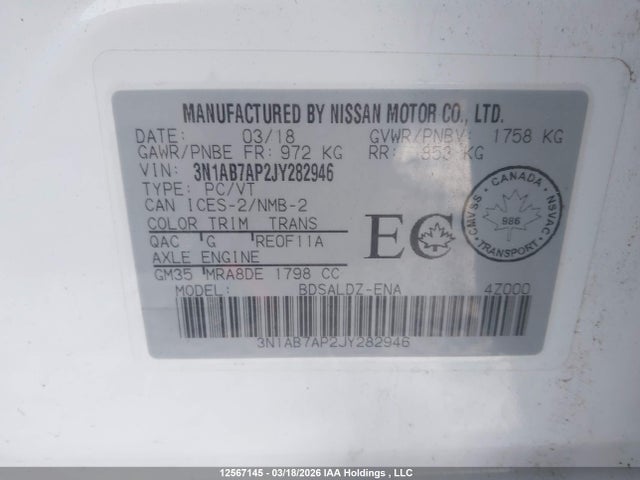 Продажа на аукционе авто 2018 Nissan Sentra, vin: 3N1AB7AP2JY282946, номер лота: 12567145