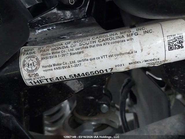 12567149 :رقم المزاد ، 1HFTE46L5M4650017 vin ، 2021 Honda Trx520 Fa مزاد بيع