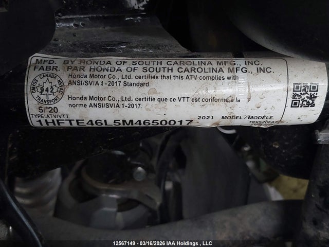 12567149 :رقم المزاد ، 1HFTE46L5M4650017 vin ، 2021 Honda Trx520 Fa مزاد بيع