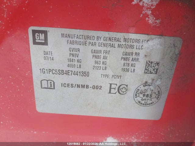 12519082 :رقم المزاد ، 1G1PC5SB4E7441350 vin ، 2014 Chevrolet Cruze 1lt مزاد بيع