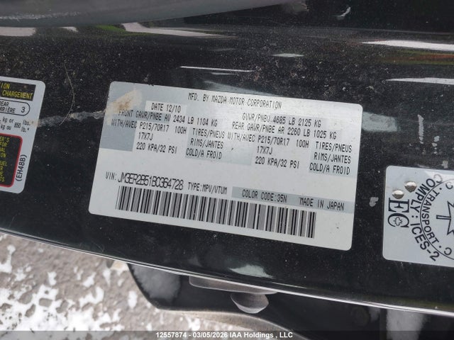 12557874 :رقم المزاد ، JM3ER2B51B0364728 vin ، 2011 Mazda Cx-7 Gx مزاد بيع