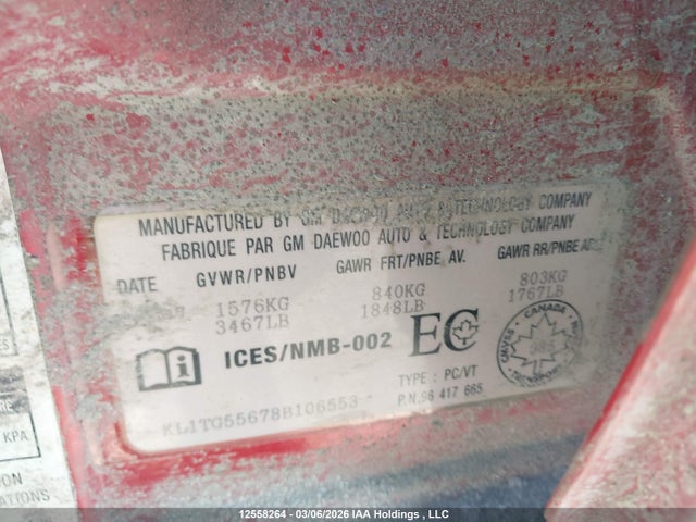 Продажа на аукционе авто 2008 Chevrolet Aveo Lt, vin: KL1TG55678B106553, номер лота: 12558264
