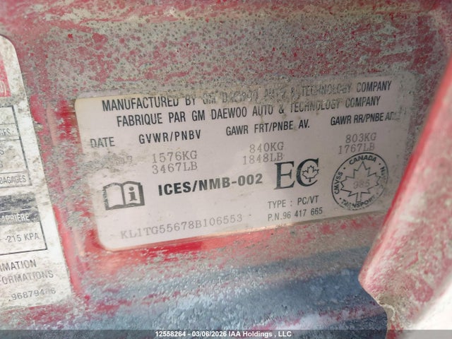 Продажа на аукционе авто 2008 Chevrolet Aveo Lt, vin: KL1TG55678B106553, номер лота: 12558264