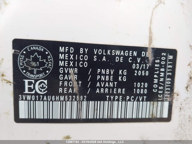 3VW017AU6HM532592 Volkswagen Golf Sportwagen 1.8 Tsi Comfortline/1.8 Tsi Highline/1.8 Tsi Trendline