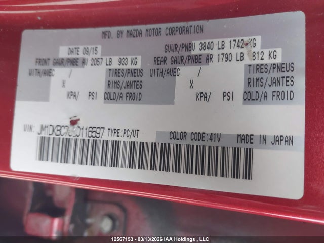 12567153 :رقم المزاد ، JM1DKBC70G0116597 vin ، 2016 Mazda Cx-3 Gs مزاد بيع