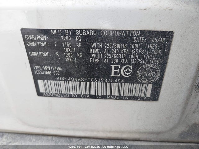 2018 Subaru Legacy Outback მანქანა იყიდება აუქციონზე, vin: 4S4BSFTC6J3375494, აუქციონის ნომერი: 12567161