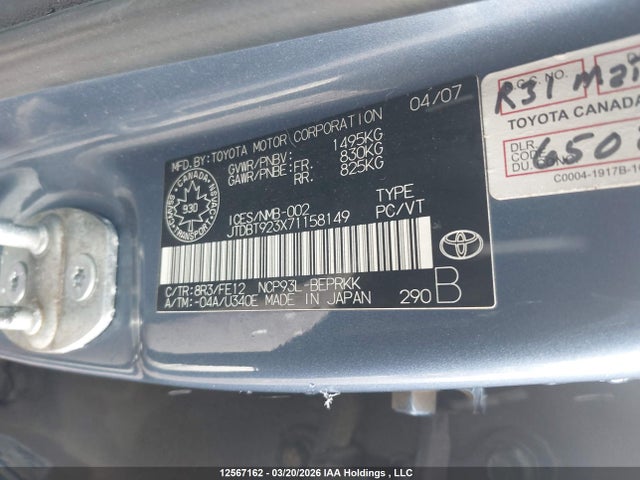 2007 Toyota Yaris მანქანა იყიდება აუქციონზე, vin: JTDBT923X71158149, აუქციონის ნომერი: 12567162