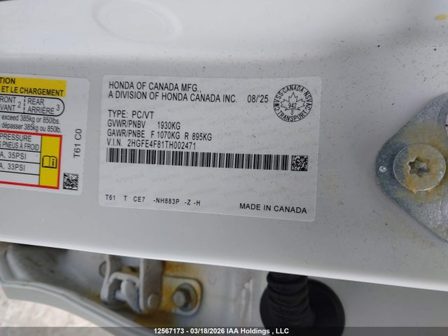 2026 Honda Civic Sport Hybrid/sport Touring Hybrid მანქანა იყიდება აუქციონზე, vin: 2HGFE4F81TH002471, აუქციონის ნომერი: 12567173
