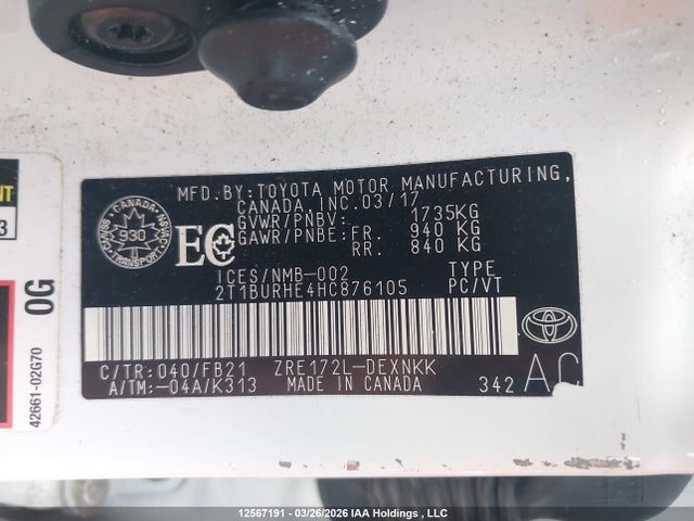 12567191 :رقم المزاد ، 2T1BURHE4HC876105 vin ، 2017 Toyota Corolla مزاد بيع