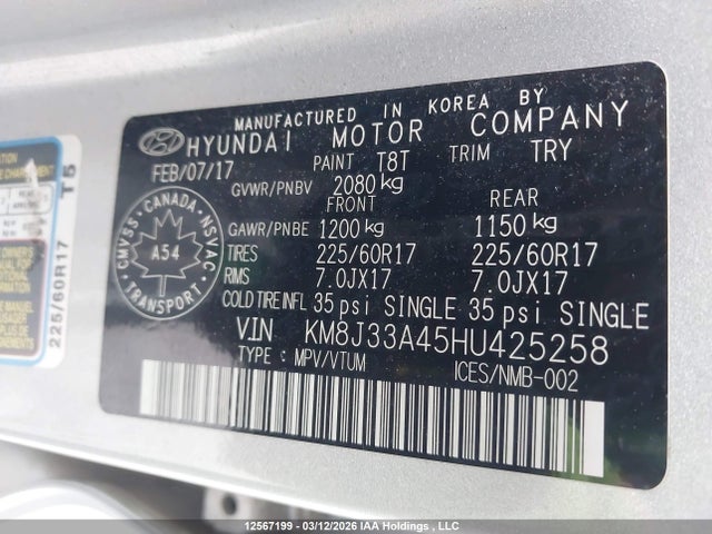 Продаж на аукціоні авто 2017 Hyundai Tucson Limited/sport And Eco/se, vin: KM8J33A45HU425258, номер лоту: 12567199