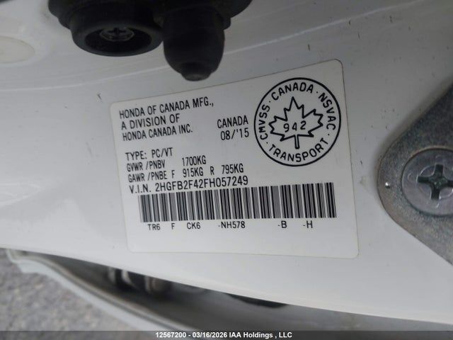 Aukcja sprzedaży 2015 Honda Civic Lx, vin: 2HGFB2F42FH057249, numer aukcji: 12567200