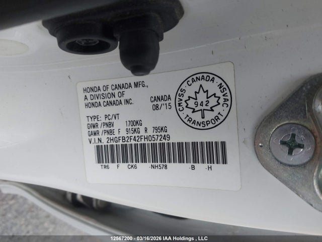 Aukcja sprzedaży 2015 Honda Civic Lx, vin: 2HGFB2F42FH057249, numer aukcji: 12567200