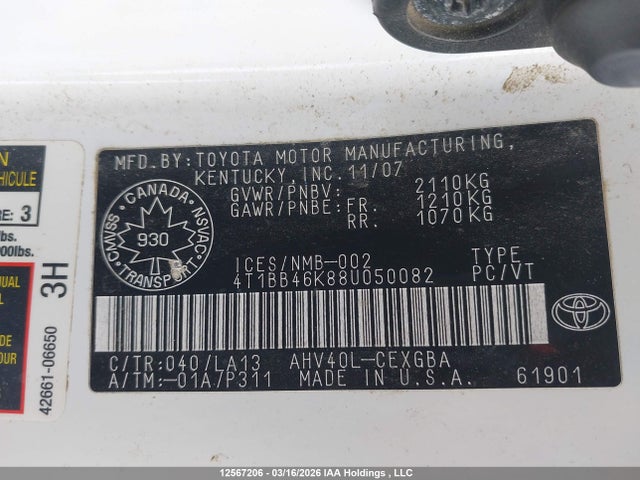 2008 Toyota Camry Hybrid მანქანა იყიდება აუქციონზე, vin: 4T1BB46K88U050082, აუქციონის ნომერი: 12567206