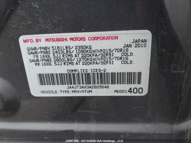 12567208 :رقم المزاد ، JA4JT3AX3AZ605646 vin ، 2010 Mitsubishi Outlander Ls مزاد بيع