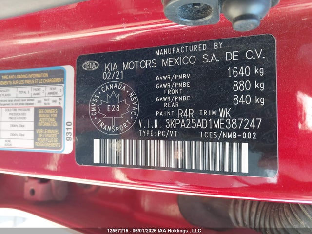 2021 Kia Rio Lx Premium/lx+ მანქანა იყიდება აუქციონზე, vin: 3KPA25AD1ME387247, აუქციონის ნომერი: 12567215