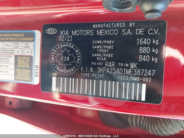 2021 Kia Rio Lx Premium/lx+ მანქანა იყიდება აუქციონზე, vin: 3KPA25AD1ME387247, აუქციონის ნომერი: 12567215