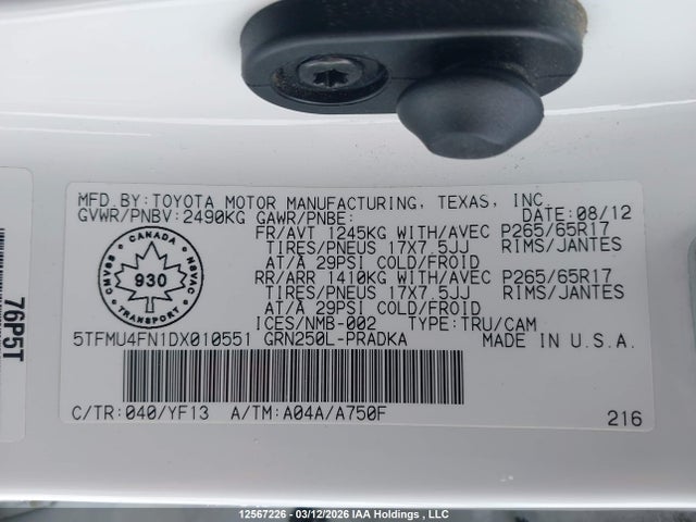 12567226 :رقم المزاد ، 5TFMU4FN1DX010551 vin ، 2013 Toyota Tacoma V6 مزاد بيع