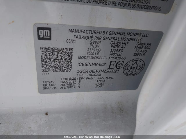 Aukcja sprzedaży 2021 Chevrolet Silverado K1500, vin: 1GCRYAEFXMZ360820, numer aukcji: 12567228