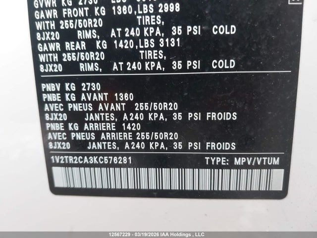 Продажа на аукционе авто 2019 Volkswagen Atlas 3.6 Fsi Execline, vin: 1V2TR2CA3KC576281, номер лота: 12567229