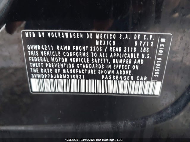 Продажа на аукционе авто 2013 Volkswagen Jetta Se, vin: 3VWDP7AJ6DM210521, номер лота: 12567230