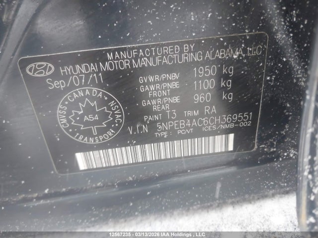 2012 Hyundai Sonata მანქანა იყიდება აუქციონზე, vin: 5NPEB4AC6CH369551, აუქციონის ნომერი: 12567235