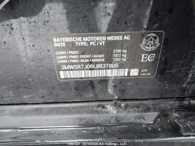 12567237 :رقم المزاد ، 3MW5R7J06L8B37809 vin ، 2020 Bmw 330i Xdrive مزاد بيع