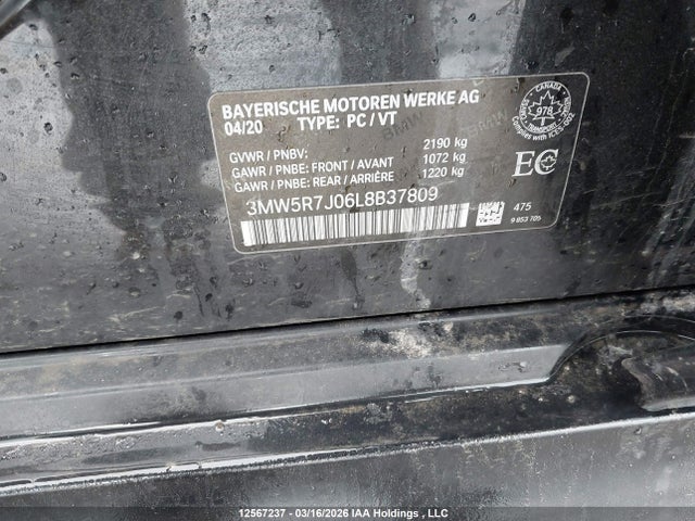 12567237 :رقم المزاد ، 3MW5R7J06L8B37809 vin ، 2020 Bmw 330i Xdrive مزاد بيع