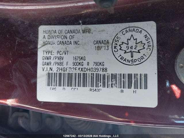 Продаж на аукціоні авто 2013 Honda Civic Lx, vin: 2HGFB2E4XDH039788, номер лоту: 12567242