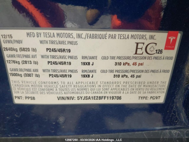 Aukcja sprzedaży 2015 Tesla Model S 70d/85d/p85d, vin: 5YJSA1E28FF119706, numer aukcji: 12567250