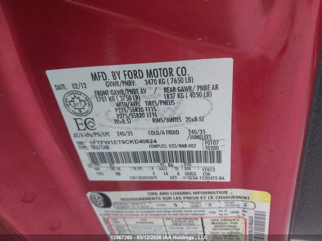 2012 Ford F150 Supercrew მანქანა იყიდება აუქციონზე, vin: 1FTFW1ET9CKD40824, აუქციონის ნომერი: 12567260