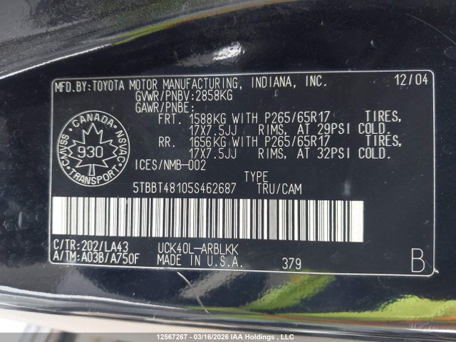 2005 Toyota Tundra Access Cab Limited მანქანა იყიდება აუქციონზე, vin: 5TBBT48105S462687, აუქციონის ნომერი: 12567267