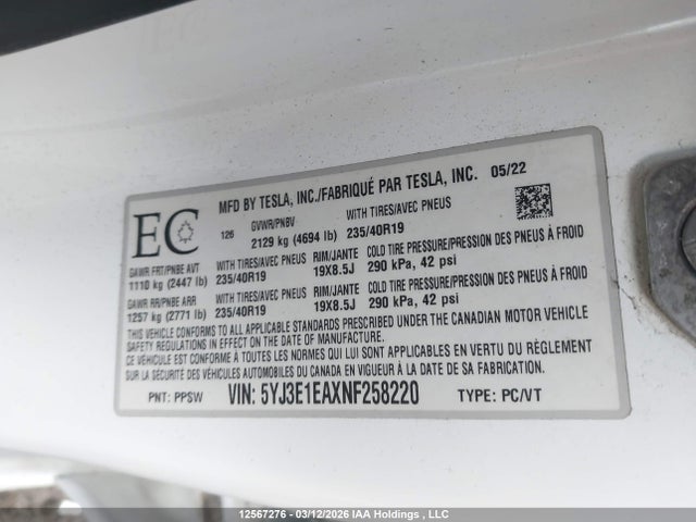Aukcja sprzedaży 2022 Tesla Model 3, vin: 5YJ3E1EAXNF258220, numer aukcji: 12567276