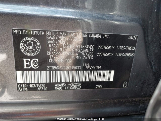 2024 Toyota Rav4 Hybrid Le მანქანა იყიდება აუქციონზე, vin: 2T3BWRFV2RW245633, აუქციონის ნომერი: 12567289