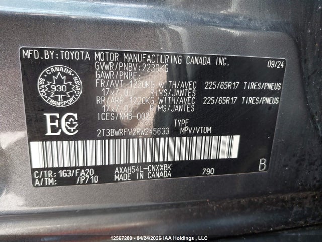 2024 Toyota Rav4 Hybrid Le მანქანა იყიდება აუქციონზე, vin: 2T3BWRFV2RW245633, აუქციონის ნომერი: 12567289