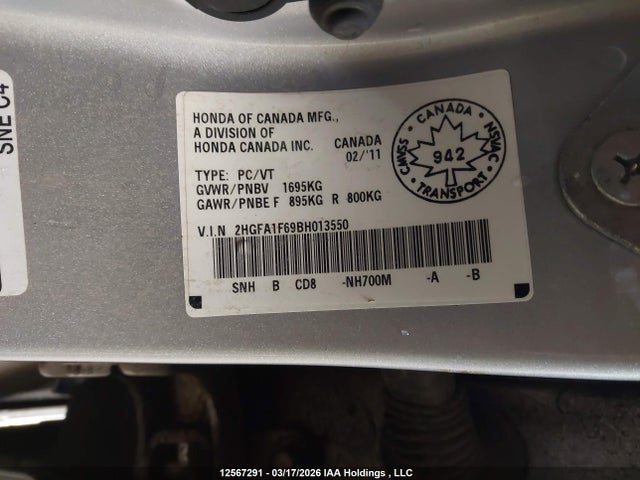 2011 Honda Civic Se მანქანა იყიდება აუქციონზე, vin: 2HGFA1F69BH013550, აუქციონის ნომერი: 12567291