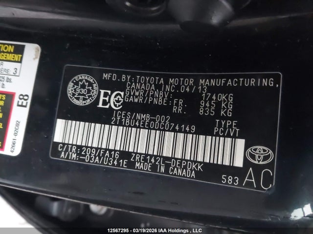 Продажа на аукционе авто 2013 Toyota Corolla S/le, vin: 2T1BU4EE0DC074149, номер лота: 12567295