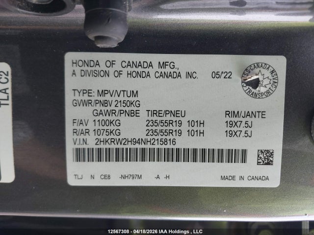 2HKRW2H94NH215816 Honda Cr-v Black Edition/touring