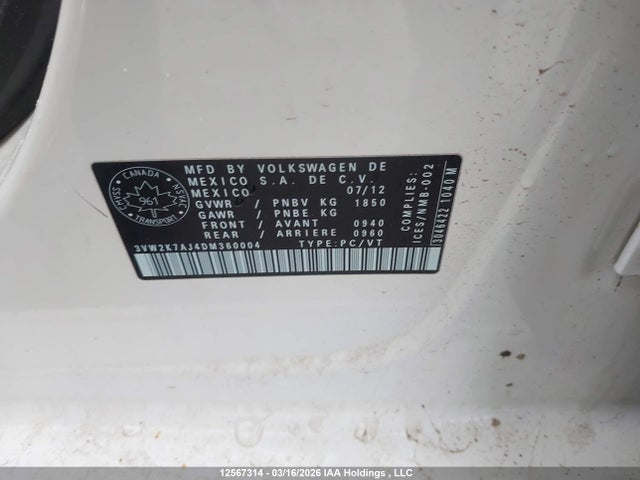 12567314 :رقم المزاد ، 3VW2K7AJ4DM360004 vin ، 2013 Volkswagen Jetta مزاد بيع