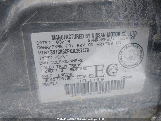 3N1CK3CPXJL257479 Nissan Micra S/sr/sv