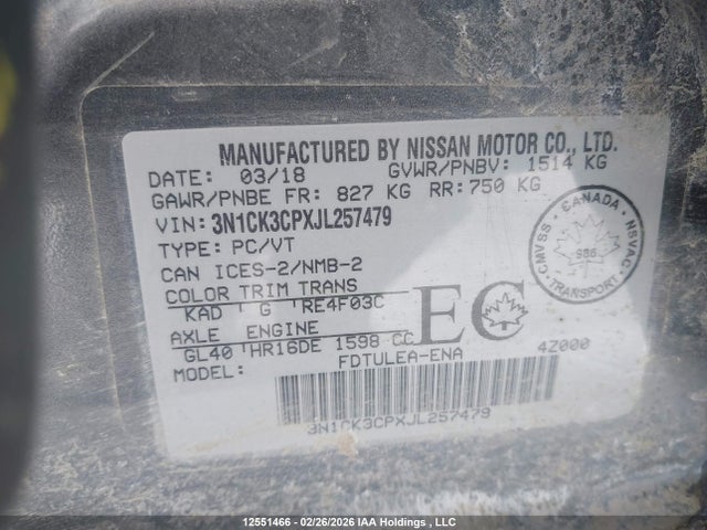 3N1CK3CPXJL257479 Nissan Micra S/sr/sv