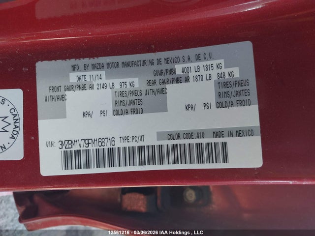 3MZBM1V79FM168716 Mazda Mazda3 Gs
