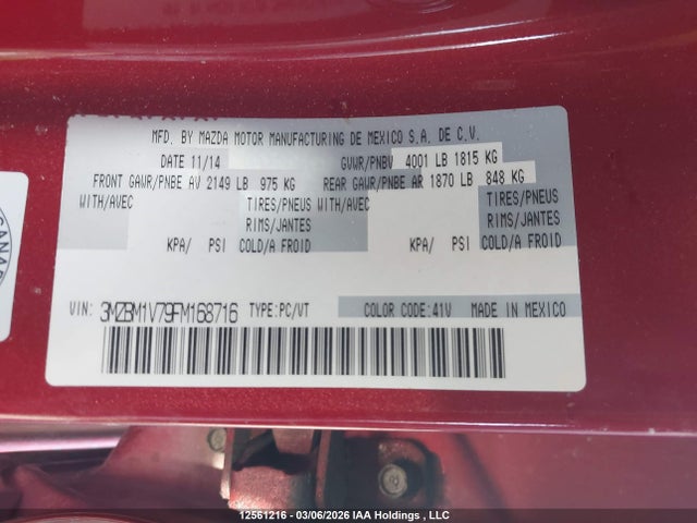 3MZBM1V79FM168716 Mazda Mazda3 Gs