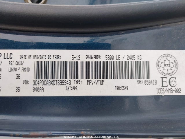 Aukcja sprzedaży 2013 Dodge Journey Se, vin: 3C4PDCABXDT699943, numer aukcji: 12567315