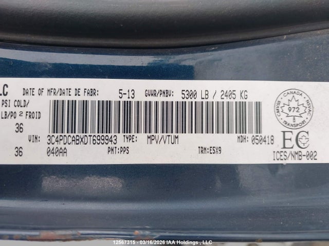Aukcja sprzedaży 2013 Dodge Journey Se, vin: 3C4PDCABXDT699943, numer aukcji: 12567315