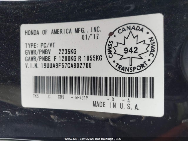 2012 Acura Tl მანქანა იყიდება აუქციონზე, vin: 19UUA9F57CA802700, აუქციონის ნომერი: 12567336