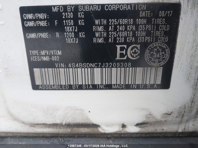 12567345 :رقم المزاد ، 4S4BSDNC7J3209308 vin ، 2018 Subaru Outback 2.5i Limited مزاد بيع