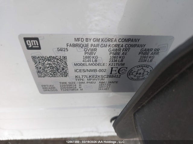 Продаж на аукціоні авто 2025 Chevrolet Trax Activ Fwd, vin: KL77LKE2XSC288412, номер лоту: 12567350