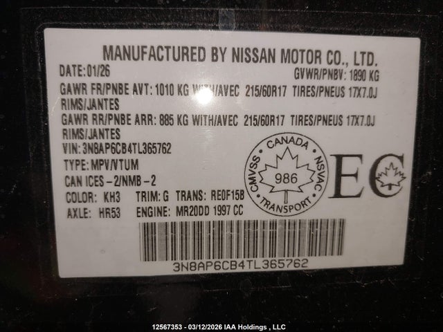 Продаж на аукціоні авто 2026 Nissan Kicks Sv, vin: 3N8AP6CB4TL365762, номер лоту: 12567353