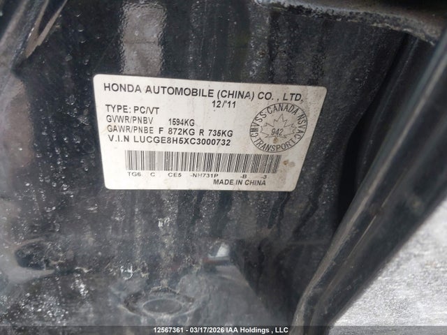 12567361 :رقم المزاد ، LUCGE8H5XC3000732 vin ، 2012 Honda Fit Lx مزاد بيع