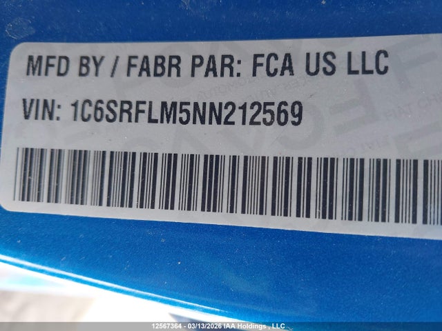 12567364 :رقم المزاد ، 1C6SRFLM5NN212569 vin ، 2022 Ram 1500 Rebel مزاد بيع